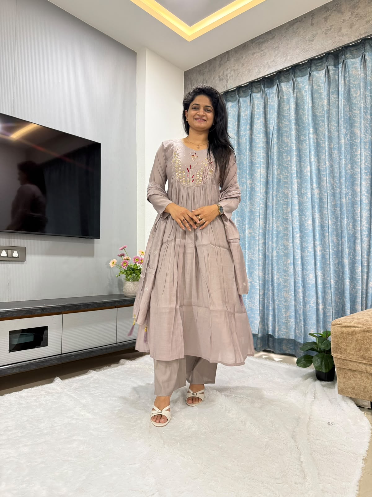DUSTY MOCHA MUL CHANDERI SUIT SET