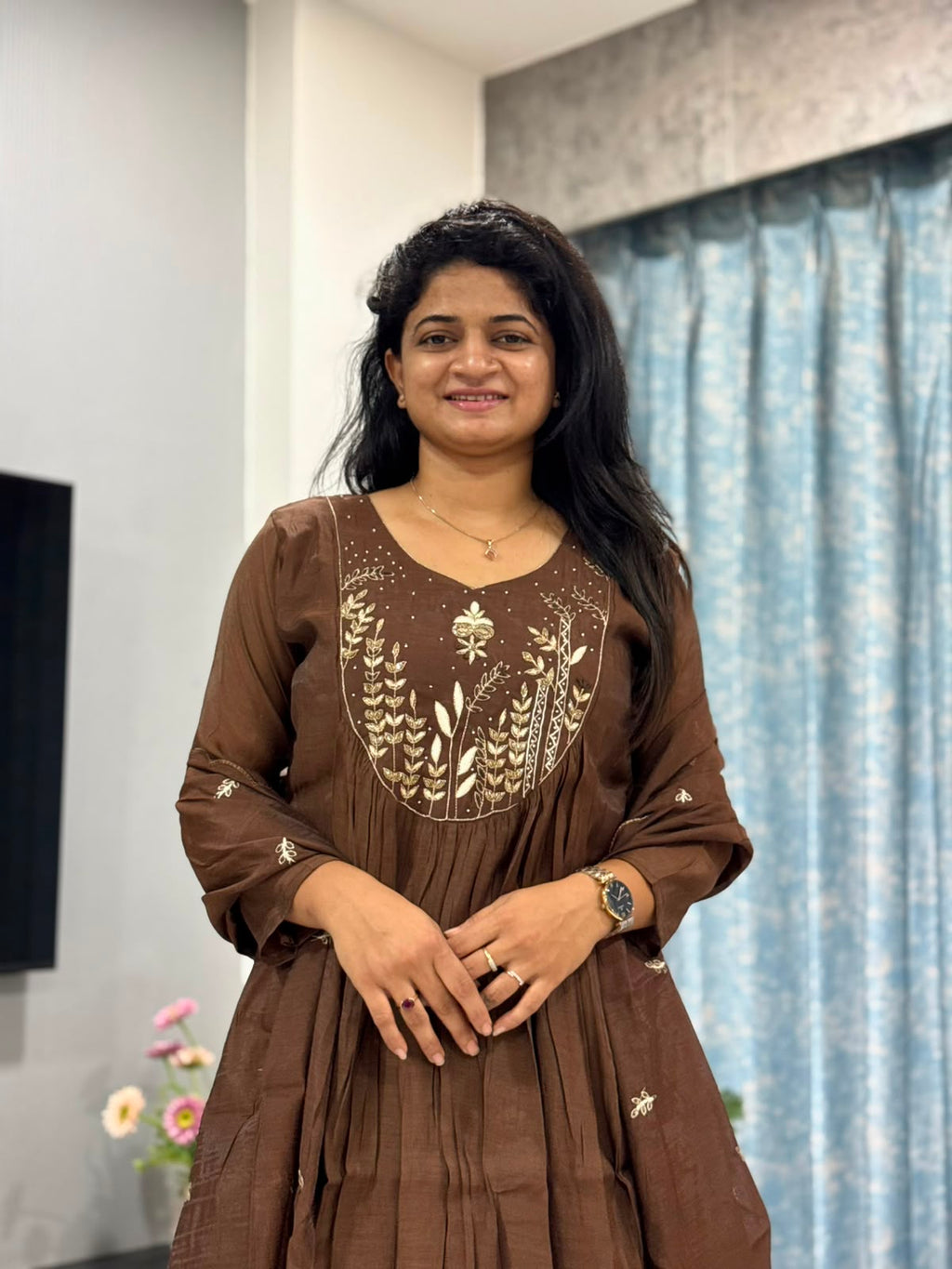 DUSTY BROWN MUL CHANDERI SUIT SET