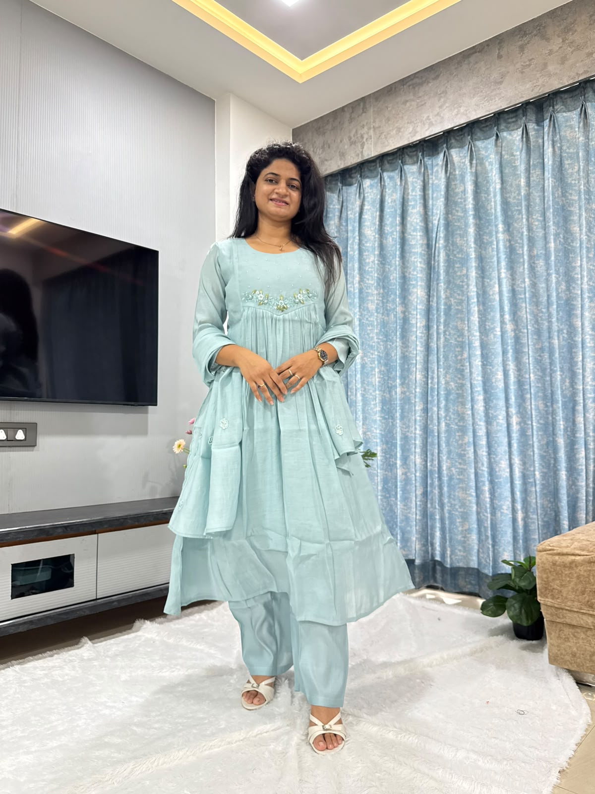 SKY BLOOM MUL CHANDERI SUIT SET
