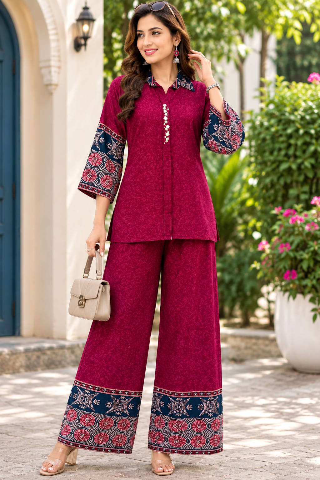 Elegant Maroon Printed Kurta & Palazzo Set for Women