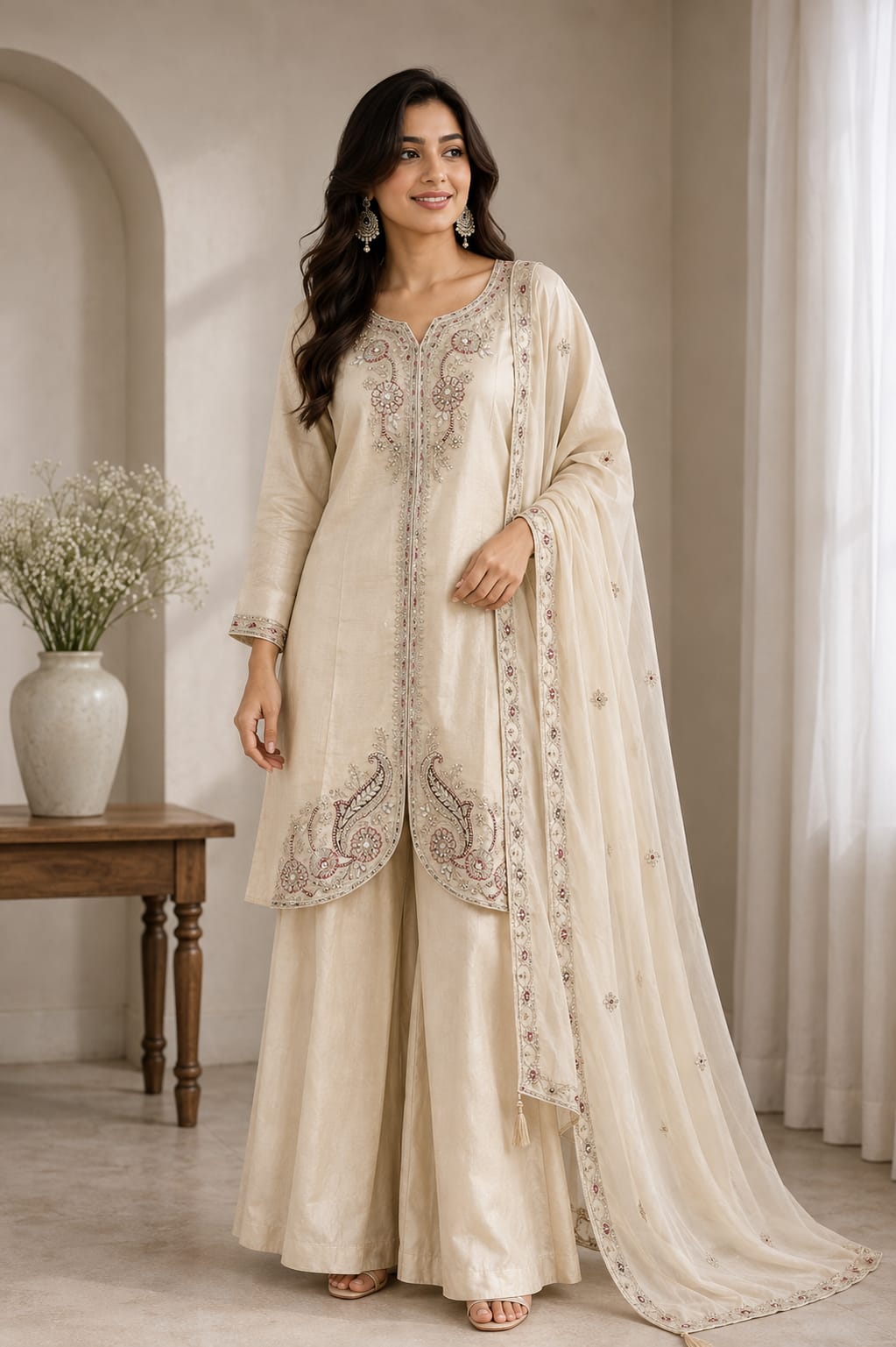 Cream Embroidered Sharara Suit Set